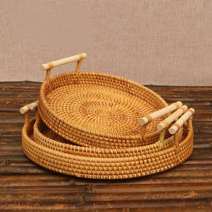 Wicker Round Serving Tray With Wooden Handle