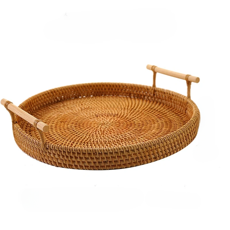 Wicker Round Serving Tray With Wooden Handle